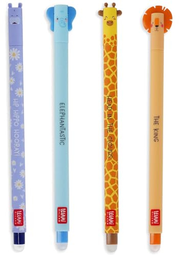 LEGAMI - Lot de 4 stylos gel avec gomme, animaux sauvages, stylos à encre effaçable, hippopotame, éléphant, girafe et lion, effaçables sans peau, pointe 0,7 mm (sauvage)