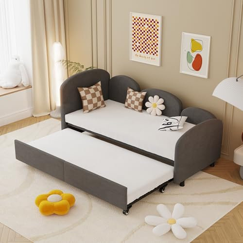 Gegtuon Polsterbett Bett 90x200 Kinder, Kinderbett Einzelbett Schlafsofa Sofabett mit Ausziehbares Bett, Jugendbett Tagesbett Funktionsbett Bettgestell mit Lattenrost, ohne Matratze, Samt, Dunkelgrau
