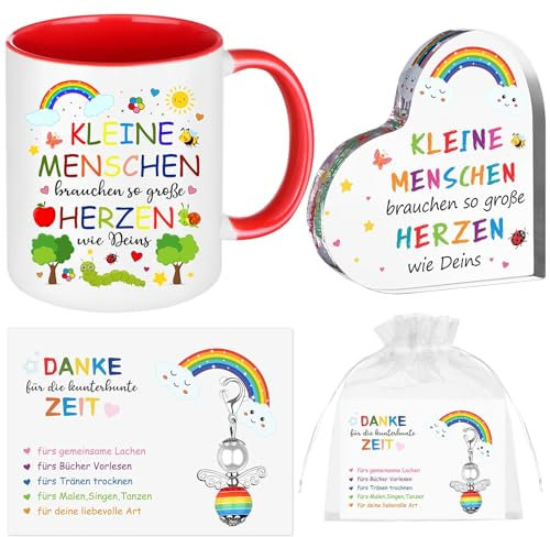Erzieherin Dankeschön Abschied Geschenkset - Erzieherin Tasse Kaffeetasse Keramik Kaffee Tasse Mug Herz Dekoschild mit Bunte Muster Perlenengel Schlüsselanhänger für Kindergarten Tagesmutter Kita