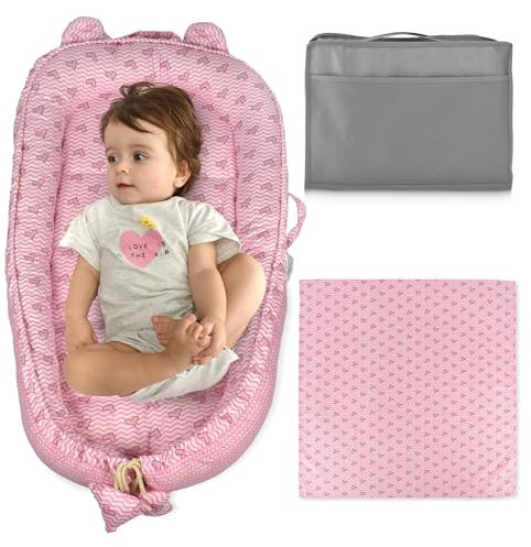 Nid bébé nouveau-né 90x50cm - Lit nid bébé - Réducteur de berceau bébé - Mini berceau bébé - Moïse pour bébé - Lit portable ou de voyage - Mousseline légère 80x80cm - 100% Coton (Cœurs roses)