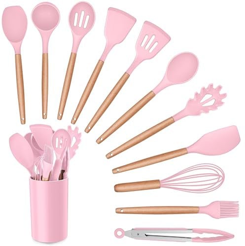 Herogo Kitchen Utensils Set, 12 Piece Silicone Utensil with Holder, Heat Resistant Cooking Utensils with Wooden Handle for Non Stick Cookware Pans, Silicone Kitchen Gadgets Tool Set, Pink