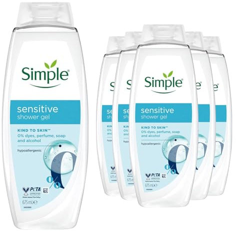 Simple Kind to Skin Shower Gel Sensitive, Pack of 6, Body Wash with 8 Hour Moisturisation, Hypoallergenic Ultra-Gentle for Most Sensitive Skin, 675 ml