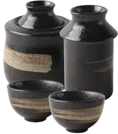PINGSHI Boutique UK Ensemble de Verres à vin, Tasses en céramique Noires rétro, Artisanat Japonais, Ensemble de Verres à vin, Ensemble de Verres à saké pour Service de saké Chaud/Froid Service à saké