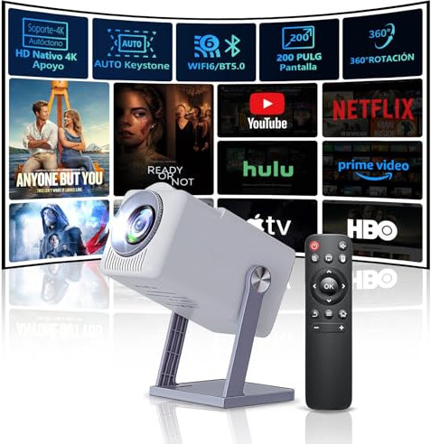 Mini Proyector Portátil 4K Full HD Soporte 200 ANSI, con Doble Banda WiFi 6 Inalámbrico Bluetooth 5 Auto Keystone 360° Rotable con Android 11, Compatible con HDMI/TV Stick/USB/PS5/Laptop, Gris