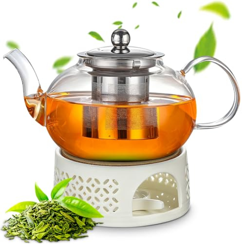 Wapasezyar 1000 ml Glass Teapot with Warmer Set, Glass Teapot with Stainless Steel Strainer and Glass Lid, Tea Cosy Teapot for Black Tea, Green Tea, Fruit Tea, Scented Tea