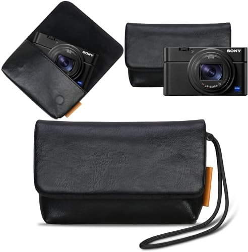 Lacdo Kamera Tasche Schutzhülle für Sony RX100 VII/ RX100 VI/ RX100 V/RX100 IV/RX100 III Digital Camera, Weiches Leder Kamera Pouch für Reise, Kompakt Sony RX100 Tasche mit Handgelenkband, Schwarz