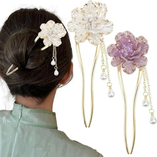 WERIGONI 2PCS baguette Cheveux Vintage orné de Perles, de Motifs Floraux Blancs et Violets Baguette Cheveux en Métal avec Pompons