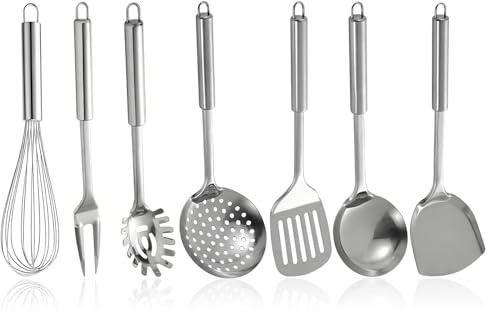 7 PCS Stainless Steel Utensil Set, Cooking Utensils Set Kitchen Tools Metal Kitchen Utensils Include Skimmer Slotted Tuner Ladle Whisk Wok Spatula Pasta Server Meat Fork