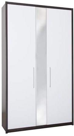 Kleiderschrank Jazz B123,5 x H217x T55 cm, Schlafzimmerschrank Holz Braun mit 2 weißen Türen und Spiegel, Schrank 6 Fächer und 1 Fach mit Kleiderstange, Wäscheschrank mit höhenverstellbaren Regalböden