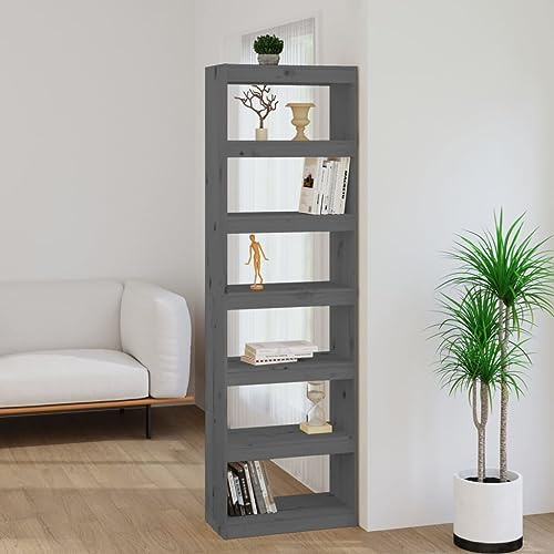 GeenYuu Bücherregal Grau, 60x30x199,5 cm, Massivholz Kiefer, mit 6 Fächern, vielseitiger Raumteiler, stehendes Regal für Wohnzimmer, Schlafzimmer, Büro