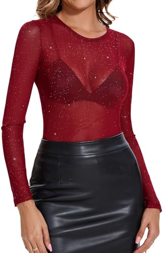 IECCP Women's Mesh Top Sexy Lace Top Long Sleeve See Throgh Mesh Tops for Women UK Sheer Blouse for Party Club Night Out