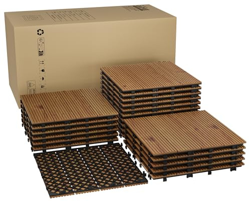 Garvee Akazienholz Klickfliesen Set – 30x30cm Terrassen- & Balkonfliesen, rutschfest, wetterfest, einfache Verlegung, ideal für Garten, Pool, Wanddeko, braun lackiert, 33 Stück