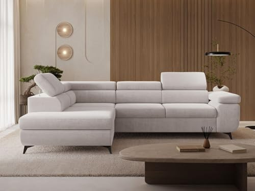 GRAINGOLD Argon L Ecksofa modern mit Bettfunktion, 255x190 cm, L-Form Sofa, Schlafcouch für Wohnzimmer, Velvet-Stoff, 4-Sitzer Eckcouch, Ecksofa mit Bettkasten (Grau, Links)