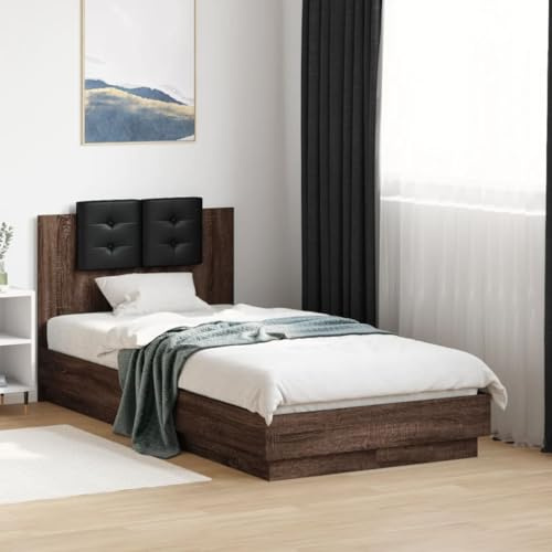 zylophax Bettgestell mit Kopfteil Braun Eichen-Optik 90x190 cm Polsterbett mit Schaumstoffkissen, Sperrholzlatten, stabiles Holzwerkstoff Familienbett für erholsamen Schlaf im Jugendbett