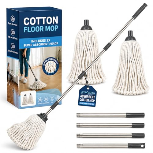 LS Cotton Floor Mop with 2 Reusable Heads & 120cm Stainless Steel Handle Looped String Design for Cleaning Hardwood Tile Marble & Vinyl Floors Suitable for Home Kitchen Office & Commercial Use