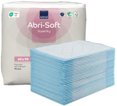ABENA Abri-Soft Superdry Incontinence Underpads 60x90cm, 1500ml Pack of 30 | Bed Protector, Absorbent Disposable Bed & Chair Underpads, SAP Core, Leakproof, Odour Control, Dermatologically Tested
