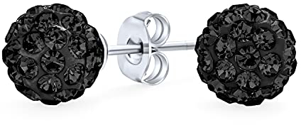 Boucles D'Oreilles Clous Boule Disco En Cristal Pavé Noir Pour Femmes Et Adolescentes - Rondes Simples Design Basique - Argent Sterling .925-8MM