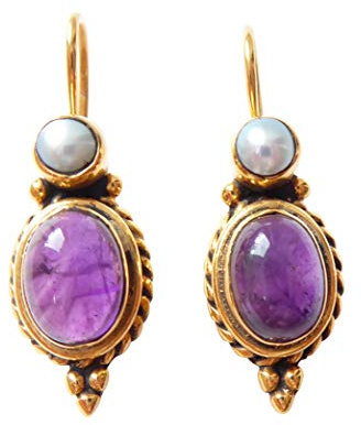 Amethist-Ohrringe lila echte Süßwasser-Perle Hänger Haken verschließbar Silber vergoldet Handarbeit Unikat Italien Vintage Retro Antik-Look