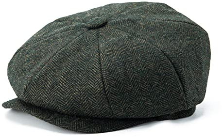 BOTVELA Herren 8-Panel Wollmischung Newsboy Flat Cap Fischgrätmuster-Tweed-Hut, Grün , 59 EU