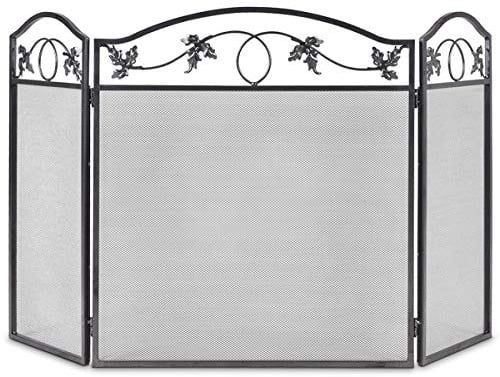 COSTWAY 3 PCS Folding Iron Fire Panel, Spark Flame Barrier with Leaves Decoration, Wide Metal Mesh Safety Fire Place Guard for Wood and Coal Firing, Stoves, Grills (Leaf Pattern, 127x73.5cm)