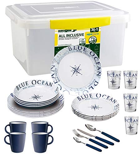 Brunner: Melamin-Geschirr Campinggeschirr (Antislip), 4 Personen (36+1 Teilig), Blue Ocean All Inclusive, Grill Und Picknick