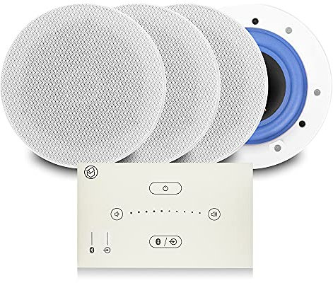 Bluetooth Ceiling Speaker System - Systemline E50-W Wall Mount Touch Panel Amplifier with 4x PD ESCS6 6.5 Coaxial Speakers, Home Hi-Fi Audio for Kitchen Bathroom, Alexa Compatible, White Finish
