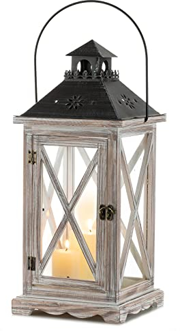 Sziqiqi 48cm Laterne Kerzenhalter Vintage Windlicht Laterne Holz Metall Dekorative Windlichthalter für Draußen Rustikale Hochzeit Herzstück Hängende Laterne Bauernhaus Innen Außenlaterne Dekor