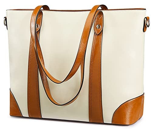 S-ZONE Leather Tote Bag for Women Office Shoulder Handbag 15.6 Inch Work Laptop Briefcase