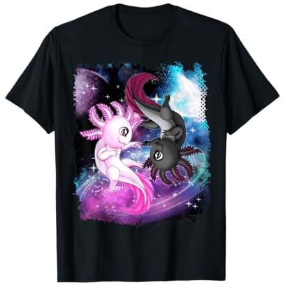 Niedliches Axolotl Yin Yang Plüschtier schwimmend Weltraum Mädchen Jungen T-Shirt