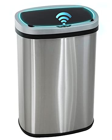 PayLessHere 13 Gallon / 50 Liter Trash Can Stainless Steel Touchless Trash Bin Oval Shape Office Waste Bin for Kitchen Bathroom Bedroom Living Room with Lid Powered by Batteries (not Included)