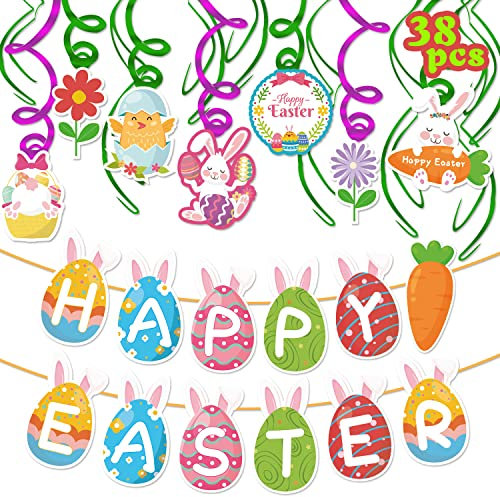 NMKL 38 Stück Osterdekorationen Home Happy Easter Wimpelkette Banner Dekoration Ostern Hängende Folie Wirbel Dekorationen Osterei Hase Karotte für Party Zuhause Schule Dekorationen