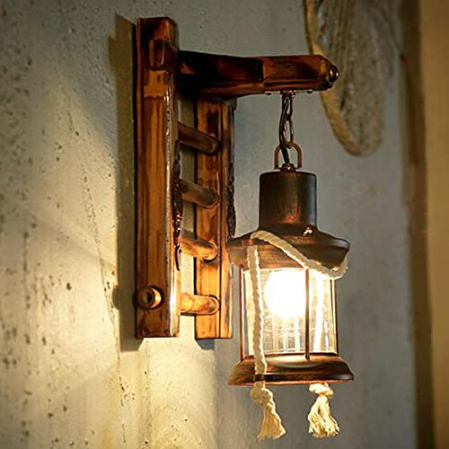 Lfoute Retro Holz Wandleuchte Treppen Wandlampe Kreativ Bambus Pendellampe Vintage Hanfseil Rustikale Wandlicht Glas Lampenschirm Wandleuchten Für Schlafzimmer Restaurant Hotel Flur Esszimmer