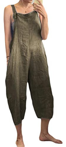 Onsoyours Femme Combinaison Casual Rétro Grand Taille Pour Printemps Automne Pantalon Lin Pas Cher Salopette Femme Pantalon Décontractée Enceinte Jumpsuit Sans Manches À Bretelles A Armée Verte L