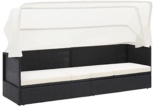 KOIECETA Gartensofa mit Sonnendach Sonnenliege Gartenliege Lounge Gartenbank Gartenbett Sofa Gartenmöbel Liege Relaxliege Sofabett Poly Rattan (Schwarz und Weiß)