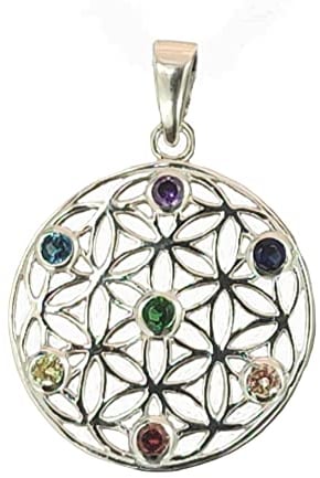 Kiss of Leather Anhänger Blume des Lebens aus 925 Sterling Silber mit Chakra Steinen, Si. 420