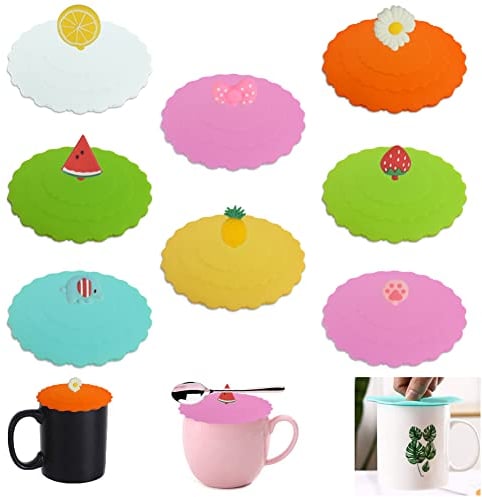KLYNGTSK 8 PCS Silicone Cup Covers Food-Grade Mug Lids Covers Anti-Dust Cup Cover Leak-Proof Cup Lid Cover Reusable Mug Cover Drinks Covers for Glasses Coffee Tea Cup Home Outdoors (8 Cute Styles)