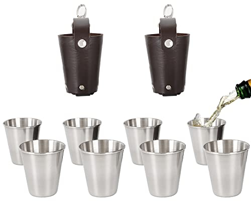 Spldsun 8 Pièces Mini Verre À Vin Acier, Empilable Mini Tasse Metal, Verres à Vin Empilables en Acier Inoxydable, pour Maison, L'extérieur, Camping, Voyages (70 ml, avec Étui Cuir)
