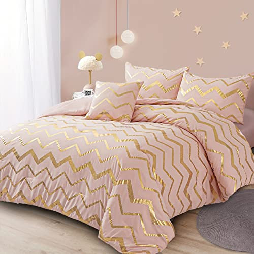 Menghomeus Pink Comforter Set Queen/Full Size Metallic Blush and Rose Gold Bed Comforter 4 Piece Soft Microfiber Christmas Bedding for Teen Girls Women (2 Pillow Shams + 1 Decorative Pillow Sham)
