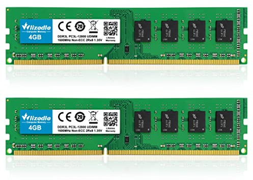 Wlizedle RAM 8GB Kit (2x4GB) DDR3L / DDR3 1600MHz CL11 UDIMM PC3L-12800 / PC3-12800 240-Pin 1.5V Non-ECC Unbuffered 2Rx8 Dual Rank Upgrade Computador Memória (Verde)