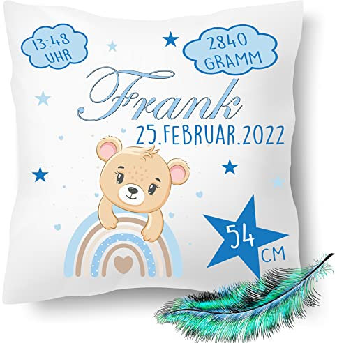Personalisierbares Kissen zur Geburt für Jungen und Mädchen, Geburtskissen mit Namen, Geschenk, bedrucktes Teddy Kissen | Dekokissen, Zierkissen, Taufe | Kuschelkissen 40X40 (ohne Kissenfüllung)
