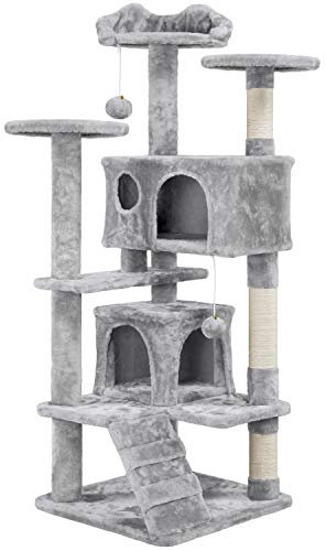 Abician Arbre à Chat avec Poteaux en Sisal Cachettes Perchoirs Griffoir Boules Tour pour Chat de Petite Taille ou de Taille Moyenne Tour d'activité Gris Clair