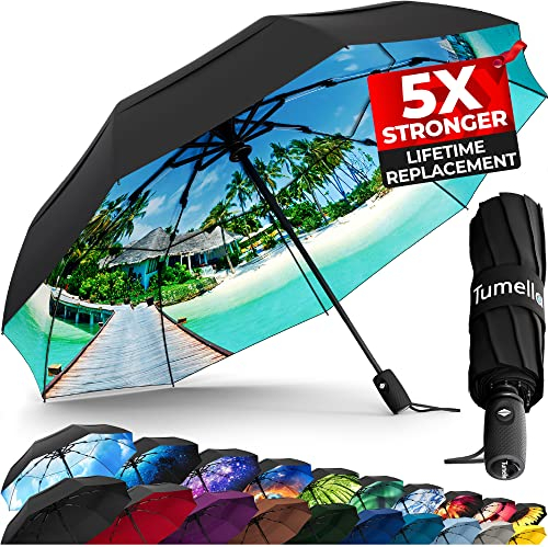 TUMELLA Strongest Windproof Travel Umbrella (Compact, Superior & Beautiful), Small Strong but Light Portable and Automatic Folding Rain Umbrella, Durable Premium Grip, Fits Car & Backpack