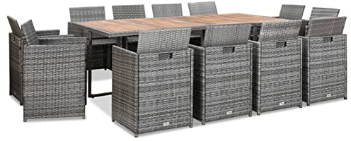 Gecheer 13-TLG. Garten Essgruppe, Terrassenmöbel Set 12 Personen, Sitzgruppe Metall Esstisch mit Tischplatte & 12 Poly Rattan Stühle mit Auflagen, Gartenmöbel Set, Anthrazit und Braun