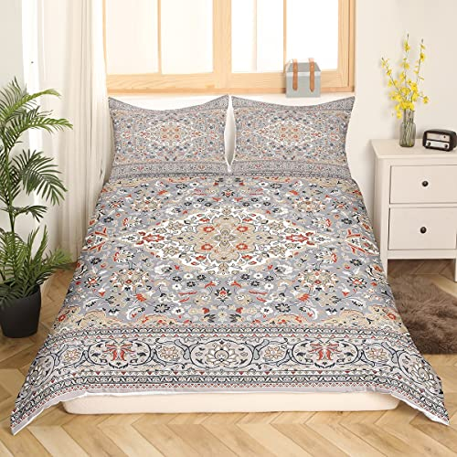Persischer Bettwäsche 135x200 für Jugendliche,Boho Exotische Bettwäsche Set,Retro Grau Orange Blumen Bohemian Tribal Bettbezug,Vintage Antike Damast Medaillon Ägyptische Bett Set mit 1 Kissenbezug