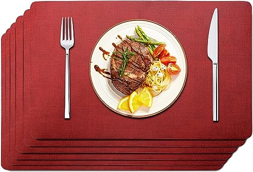 Purejoy Red Placemats Sets 6, Table Mats PU Leather Heat-Resistant, Washable and Non-Slip 43 * 30 cm Dinner Table Mats Set of 6, christmas place mats,christmas dinner set