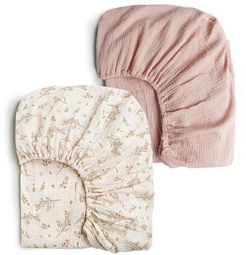 Konssy Musselin-Bettlaken für Kinderbetten für Mädchen und Jungen, weiche und atmungsaktive Baumwolle, für Standard-Kinderbett-Matratze, 132 x 72 cm (Blumenmuster, Rosa), 2 Stück