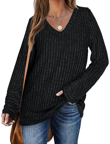 DUOEASE Pull Femme Elegant Col en V Décontracté Women Sweater Automne Chic Top(Noir,XL)