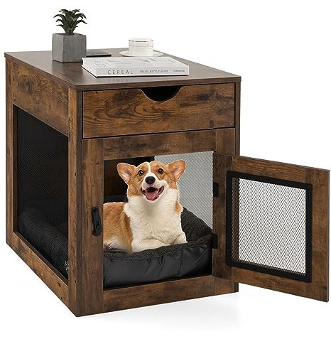 COSTWAY Wooden Dog Crate, Furniture Style Puppy Cage End Table with Wireless Charger, Drawer, Lockable Door and Soft Cushion, Indoor Pet Kennel for Small Dogs, 63 x 49 x 62cm (Brown)