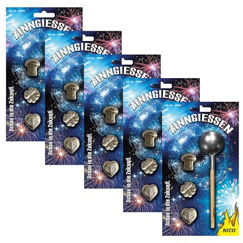 NICO Europe® 5 Sets Premium-Zinngießen mit 15 Figuren & 5 Löffel, Beste Alternative zum Bleigießen