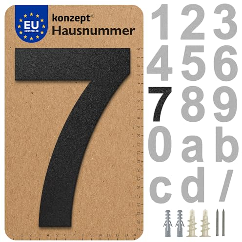KONZEPT Hausnummer in Schwarz, Nummer 7, für Tür, Gebäude, Zimmer, aus massiven Stahl, mit witterungsbeständiger Zink- und Pulverbeschichtung